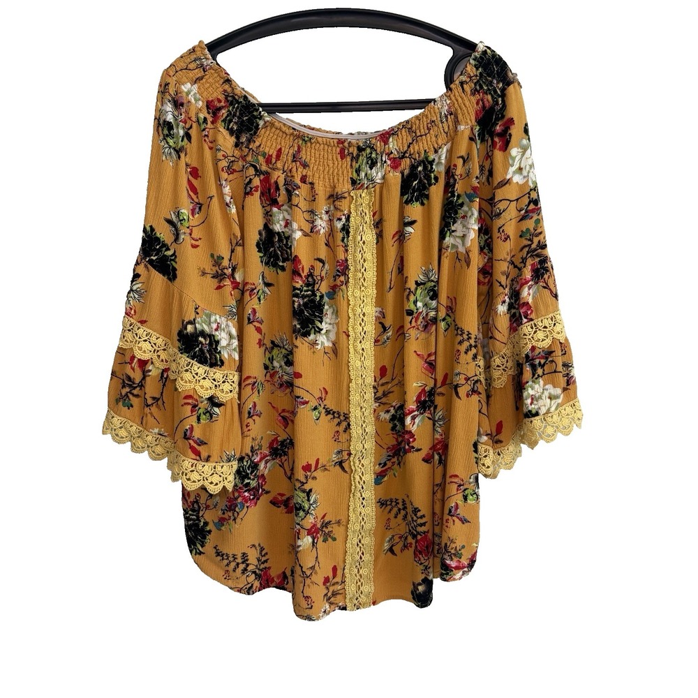 Womens Floral Flare Sleeve Lace Top 1X Fairy Dainty Feminine Flowy Cottagecore